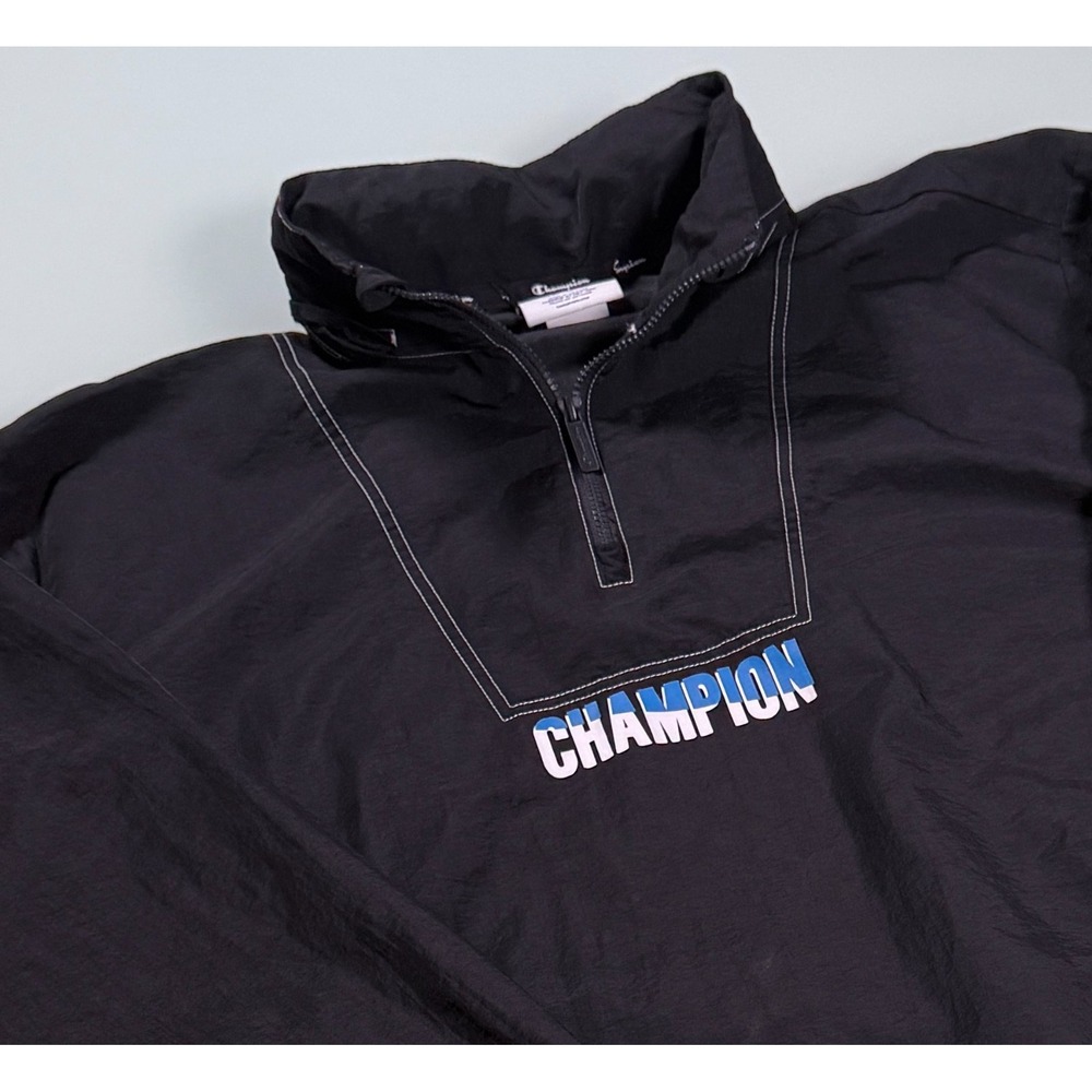 Champion V5873 Packable Hood Windbreaker Jacket Mens XL Black 1/4 Zip Pullover